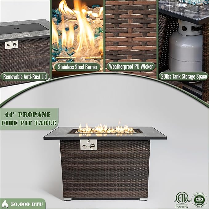 Outdoor Propane Fire Pit Table for Outside Patio, 43 Inch Wicker Firepits for Outside, Rectangle Gas Fire Pit for Garden, Pool, Backyard, 50,000 BTU, Tank Inside, Espresso Color