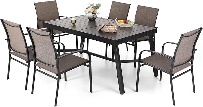 7 Pieces Patio Table and Chairs Set, Patio Dining Set for 6, 6 Textilene Chairs and 1 Expandable Patio Dining Table with Umbrella Hole, for Deck Backyard Lawn Poolside, Brown