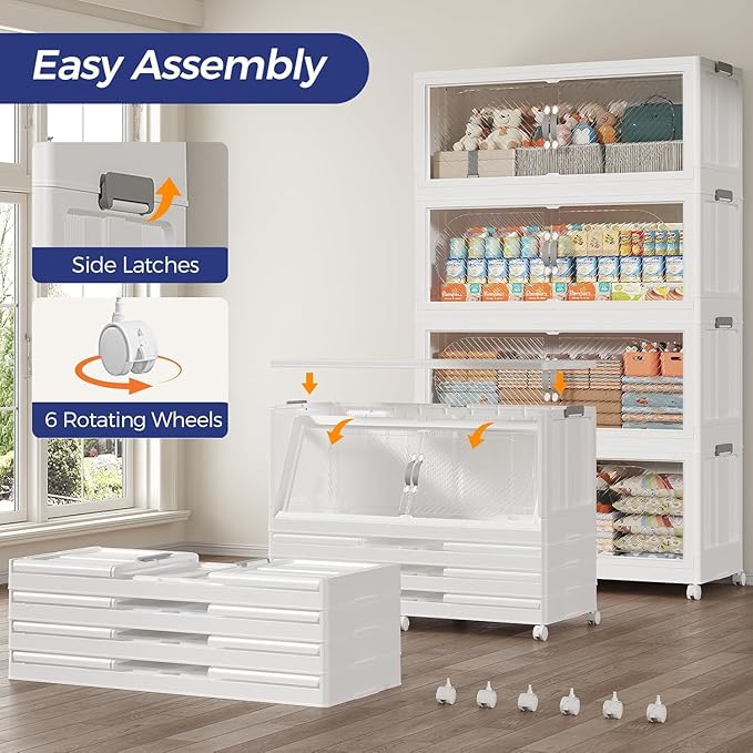 1200QT Plastic Stackable Storage Bins with Lid, 300GAL Extra Large Collapsible Box with Wheels Clear Door, Foldable Closet Organizer Container Cabinet Drawer for Home Kitchen，5Pack, White