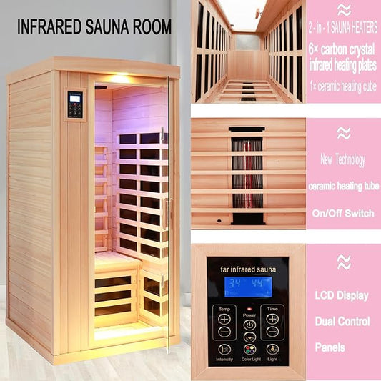 Ceramic Infrared Sauna 1 Person Infrared Sauna Hemlock Far Infrared Saunas for Home 2 in 1 Indoor Sauna Room with Low EMF Heaters + Ceramic Heating Cube-Chromotherapy-Bluetooth Speaker