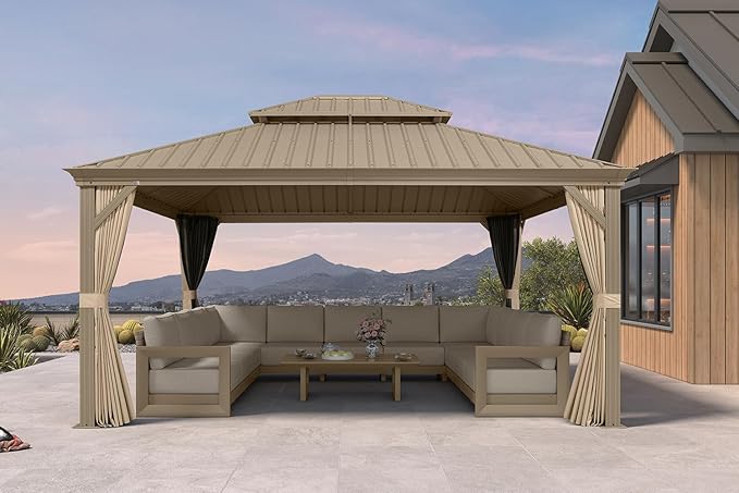PURPLE LEAF Outdoor Gazebo 13'X15'，Champagne Hardtop Gazebo with Galvanized Steel Double Roof, Permanent Patio Gazebo with Curtains and Netting for Patio Lawn Garden and Deck