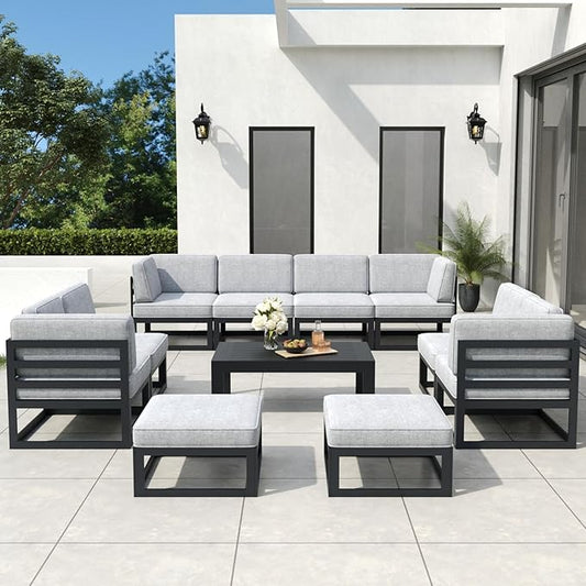 11 Pieces Aluminum Patio Furniture Set with Coffee Table, Metal Outdoor Conversation Sofa Set with Seating Cushions