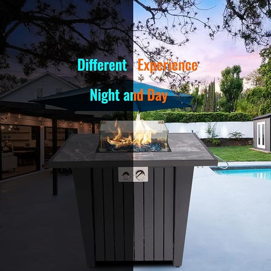 32'' Propane Fire Pit Table, Marble Tile Ceramic Tabletop with Glass Wind Guard, 50,000 BTU Fire Table with Inclined Leg and Art Powder Design, Blue Glass Rocks, Including Lid&Cover, Grey