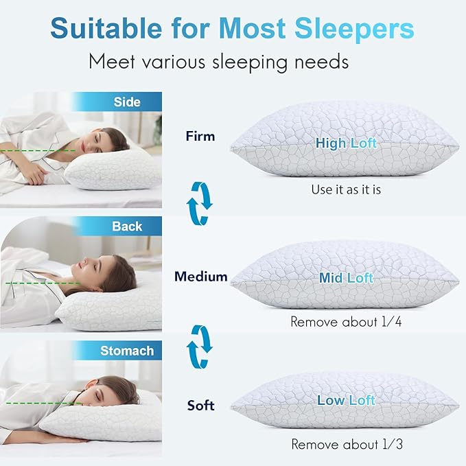 QUTOOL Cooling Pillow for Sleeping King Size 2 Pack, CertiPUR-US Shredded Memory Foam Bed Pillows Set of 2, Soft Cool Pillow for Hot Sleepers Adjustable Firm Pillow for Side, Back, Stomach Sleepers