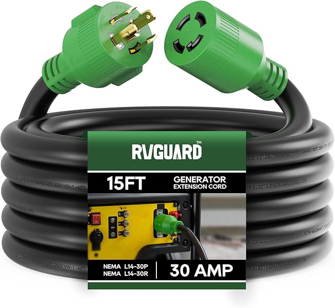 RVGUARD 4 Prong 30 Amp 15 Foot Generator Extension Cord, NEMA L14-30P/L14-30R, 125/250V Up to 7500W 10 Gauge SJTW Generator Cord, ETL Listed