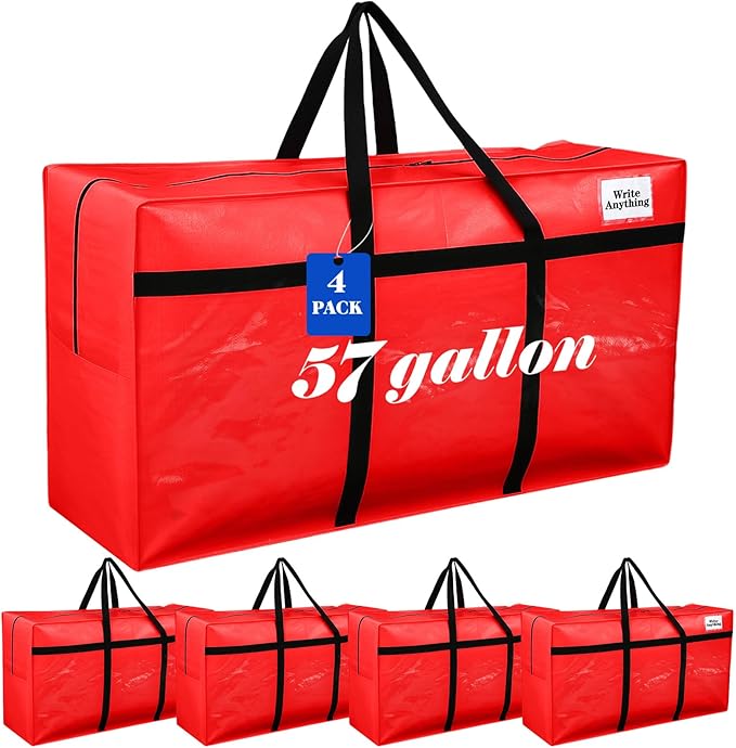 Windyun 4 Pack 57 Gallon Extra Large Storage Bags XXL Moving Bags with Zipper Handles Heavy Duty Jumbo Big Tote Box for Christmas Tree Storage 4, 5, 7.5, 9, 10, 12 ft Skeleton College Dorm(Red)