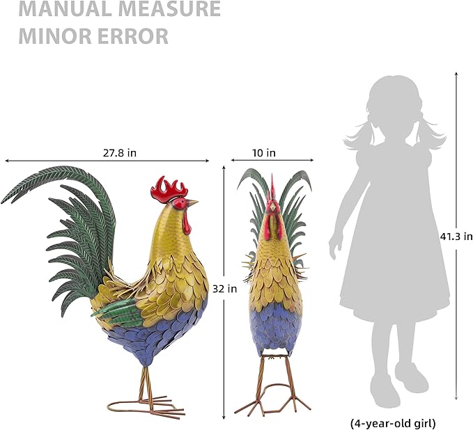Ultym 32" Metal Rooster Decor, Large Outdoor Garden Statues, Metal Chicken Sculpture for Backyard Patio Kitchen Decor
