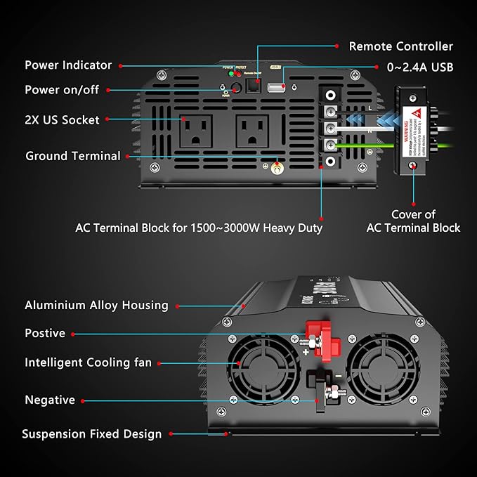 3000 Watt Pure Sine Wave Inverter 12V DC to 110V 120V AC with UL Fuses 3000W Power Inverter for Home RV Truck Off-Grid Solar with AC Hardwire 30A Compatible with Lithium Battery VOLTWORKS
