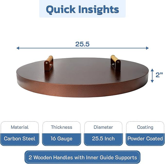 25.5” firepit lid round for inside up to 23” gas fire pit lid for Outdoor Fireplace Cover Lid Steel fire pit metal cover W/ Wooden Handle & Bronze Coated Snuffer Lid for Round Patio Fire Pit Ring