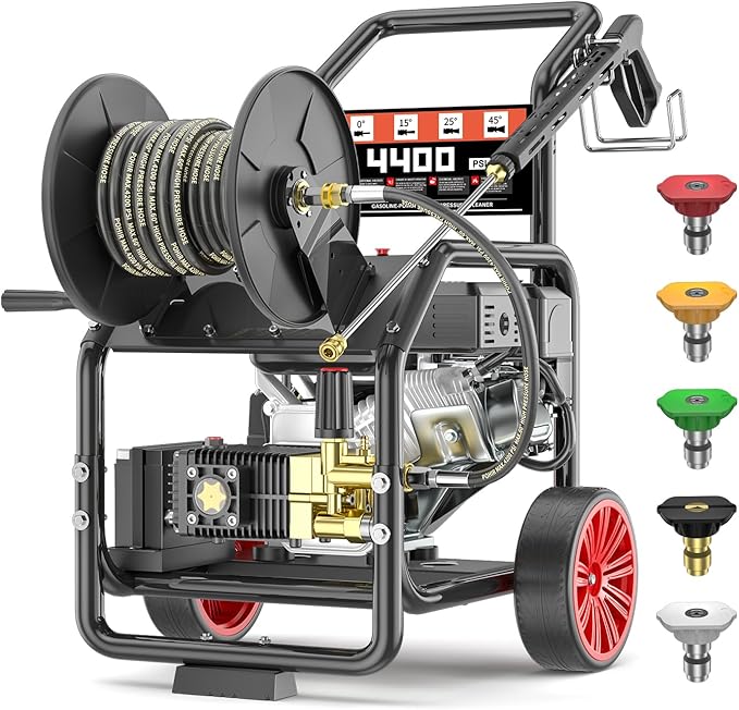 KARHDIR 4400PSI Gas Pressure Washer with Hose Reel, One-Button Start 296cc 15HP 4-Cycle Engine, 4.0 GPM Heavy Duty Power Washer with 50FT 3/8" Hose, Spray Gun & Wand, 5 Quick Connect Nozzles