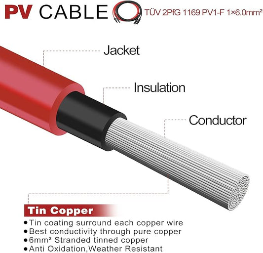 Solar Cables 10AWG Solar Panel Extension Cable,6mm² Solar Cable Wire with 1 Pair 10 Feet Black + 10 Feet Red Weatherproof Tinned Copper Extension Cable Wire Adapter Kit