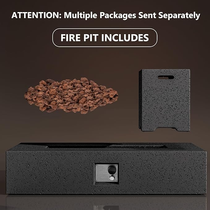 COSIEST 56" Rectangular Outdoor Propane Fire Pit Coffee Table w Concrete Rectangle Base, Certified, 50,000 BTU, Free Lava Rocks and RainCover, Fits 20lb Tank Outside,Tank Cover, Gray