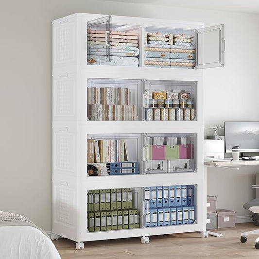640 QT Extra Large Stackable Storage Bins with Lid, 160 Gal Collapsible Storage Box with Wheels, Folding Closet Organizers and Storage Cabinet with Doors for Home, Kitchen, Office, 4Pack White