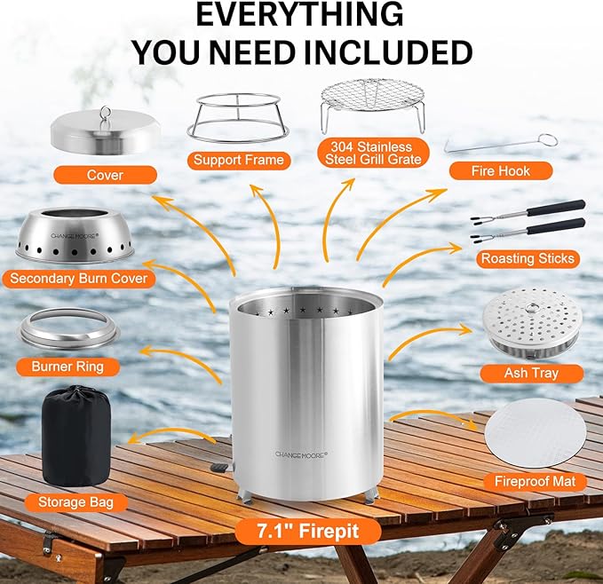 CHANGE MOORE Table Fire Pit Set & Cap, Portable Smokeless Firepit with Flodable Stand, Secondary Burn Fueled by Pellets or Wood, 201 Stainless Steel Table Top Firepit for Patio, Camping, Backyard