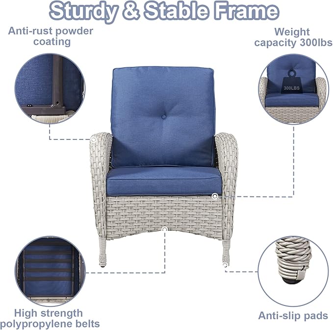 Belord Patio Conversation Sets Wicker Furniture, 7 PCS Outdoor Swivel Rocker Furniture Set for Patio Deck Poolside, 2 Swivel Rockers 2 Club Chairs 2 Rattan Tables 1 Loveseat Included, Blue Cushion