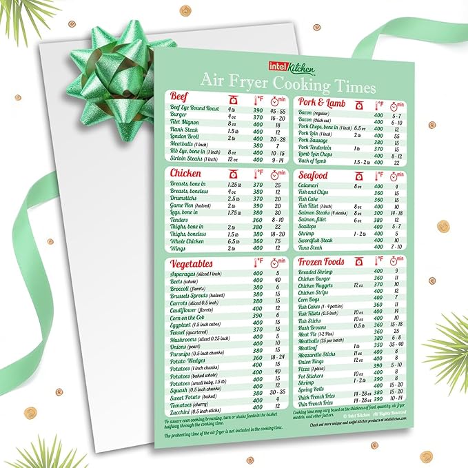 Must-Have Air Fryer Accessories Air Fryer Cooking Times All-in-One Magnet Accurate Instant Guide Big Text Easy to Read Healthy Handy Quick Cheat Sheet Chart 8”x11” Green Kitchen Gift Recipe Cookbooks