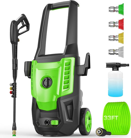Professional Pressure Cleaner, Portable Power Washer with 4 QC Nozzles and Soap Bottle, Cleaner Machine for Cars/Home/Driveways/Patios/Decks/Fences, Green