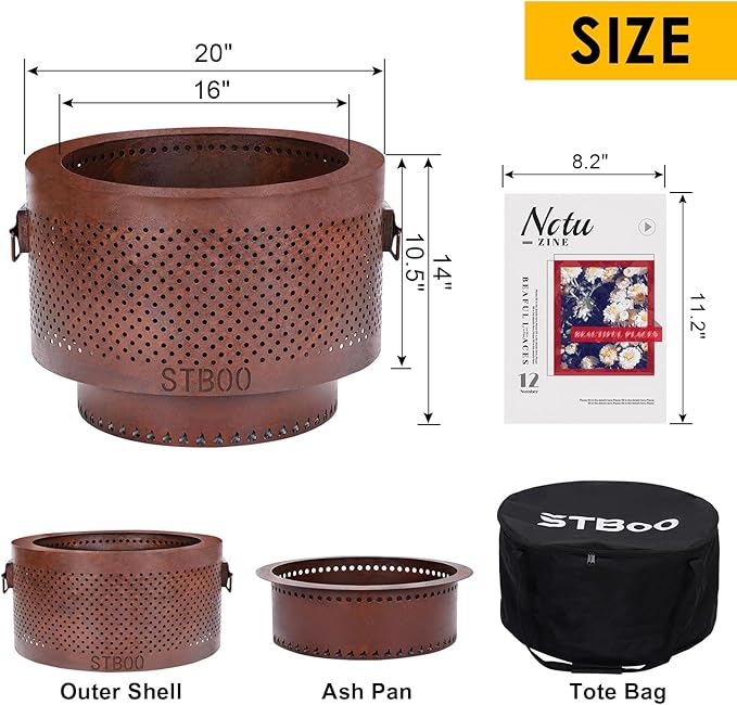 STBoo Smokeless Fire Pit - 20Inch Large Firepits for Outside with Portable Carrying Storage Bag - Low Smoke Outdoor Fireplace for Camping, Picnic, Bonfire Backyard, BBQ on Beach, Rust, L