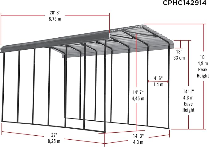 Arrow Carports Galvanized Steel Carport, RV Metal Carport Kit, 14' x 29' x 14', Charcoal