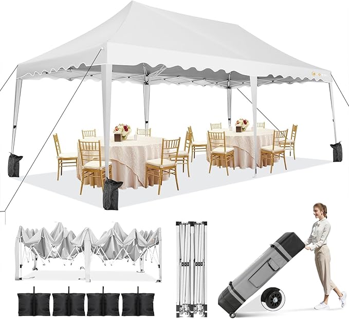 HOTEEL 10x20 Pop Up Canopy, Outdoor Easy Setup Party Tent, Waterproof Portable Enclosed Event Shelter with Wheeled Bag, Weight Bag for Backyard, Vendor, White