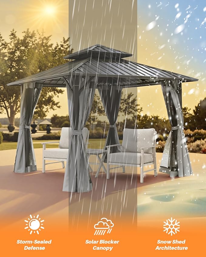 SEEHILL 12' x 12' Hardtop Gazebo, Aluminum Frame Patio Hardtop Gazebos with Netting and Curtain, Outdoor Patio Pergola, Outdoor Patio Gazebo with Double Metal Roofs for Lawns, Garden, Deck, Slate Gray