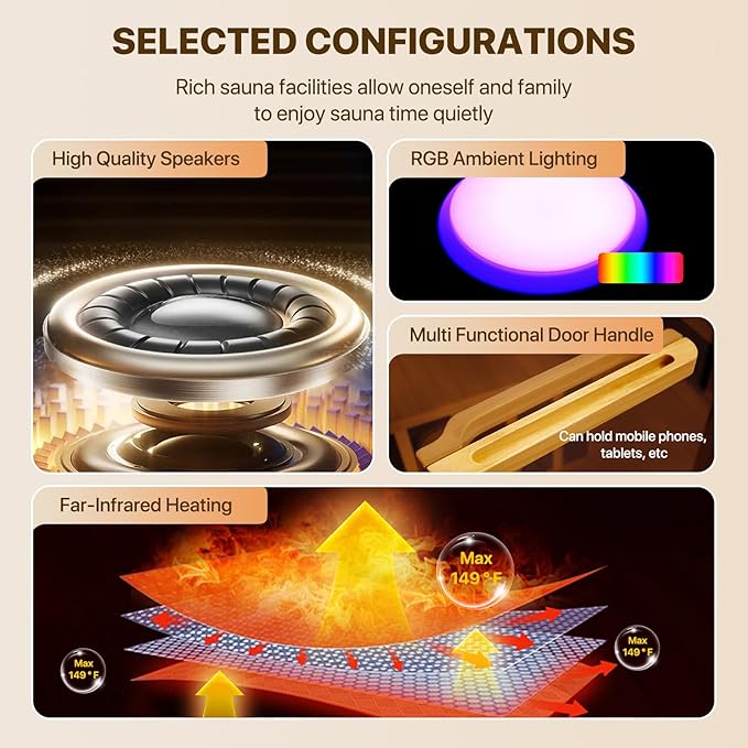 Infrared Sauna Room Indoor Saunas Home Obeche Wood 900W Low-EMF Dry Saunas Single Person Spa with 7 Color Light 32.3 * 28.3 * 61.4 inch