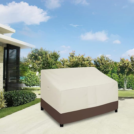 Easy-Going Heavy Duty Waterproof Outdoor 2-Seater Patio Couch Cover - Windproof with Air Vent (76Wx40Dx33H inch, Beige/Dark Brown)