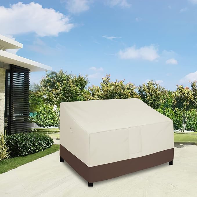 Easy-Going Waterproof Outdoor Couch Cover, Heavy Duty 3-Seater Patio Sofa Cover, Winchdproof Outdoor Furniture Cover with Air Vent (62Wx40Dx33H inch, Beige/Dark Brown)