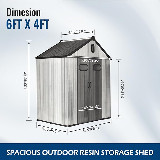 Domi 6x4Ft Resin Outdoor Storage Shed, Small Plastic Garden Shed with Carpet, Outside Weatherproof Storage Building for Tools, Bike, Lawn Mower, Patio, Backyard
