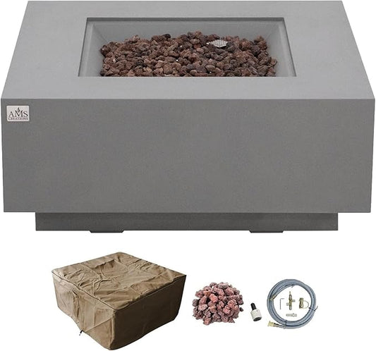 AMS Creations | Brooklyn 40" Square Natural Gas Outdoor Fire Pit Table | Light Gray Concrete GFRC Smooth Texture Surface Fire Pit Table