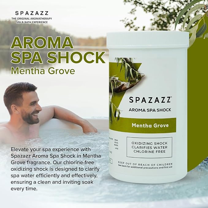 Spazazz Aroma Scented Non Chlorine Spa & Hot Tub Shock Chlorine Free Oxidizer Treatment. Water Clarifier with Potassium Monopersulfate - Professional Grade- Mentha Grove 2.2lb