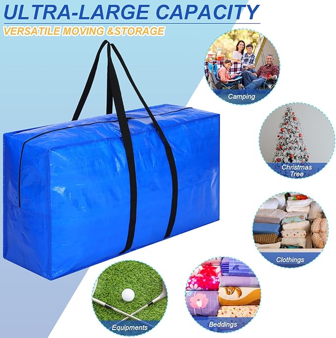 Windyun 4 Pack 57 Gallon Extra Large Storage Bags XXL Moving Bags with Zipper Handles Heavy Duty Jumbo Big Tote Box for Christmas Tree Storage 4, 5, 7.5, 9, 10, 12 ft Skeleton College Dorm(Blue)
