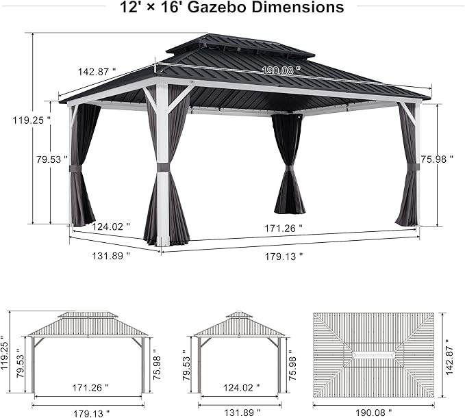 PURPLE LEAF 12' X 16' Hardtop Gazebo Metal Double Roof White Aluminum Frame Outdoor Heavy Duty Gazebo with Curtain and Netting for Patio Garden and Backyard, Grey