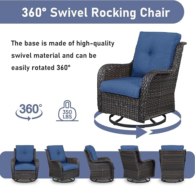 Wicker Rattan Patio Furniture Set - 7 Pieces Outdoor Couch with Swivel Chairs, Ottomans and Coffee Table for Deck, Poolside, Backyard - Brown/Blue