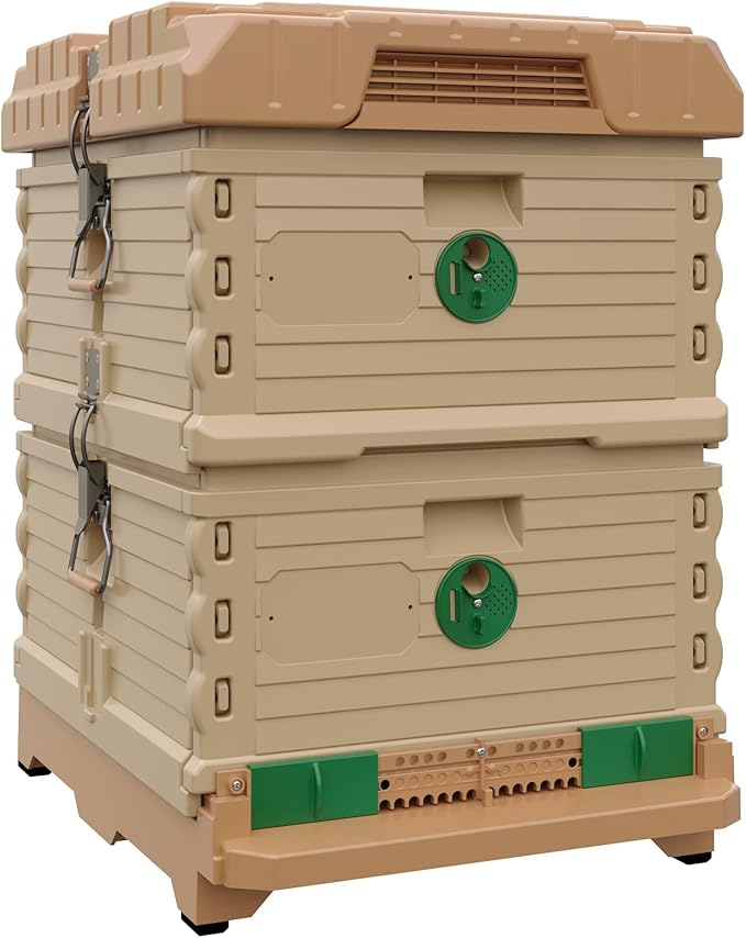 Apimaye Ergo Insulated 10 Frame Bee Hive Set [NO Frames Included] (Double Deep, Tan Body Green Entrance)