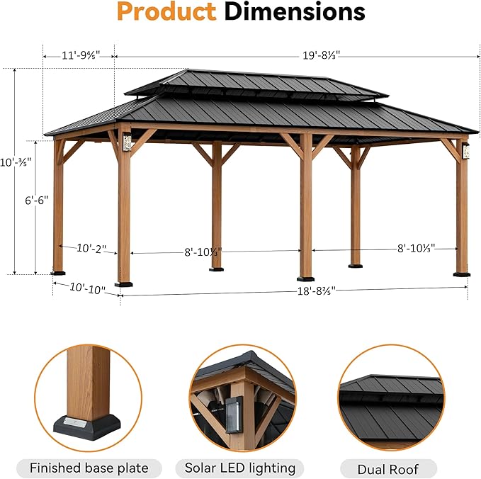 Modern Shade The Horizon Hardtop Gazebo 12' x 20' with 4 LED Lights, Permanent Outdoor Gazebo with Galvanized Steel Double Roof, Grill Pavilion with Decor Hooks, Mosquito Nettings, Wood Grain