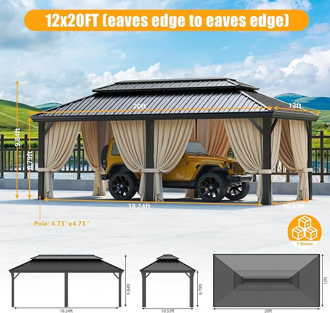 HOTEEL 12x20 Gazebo with Metal Roof & Drainage System, Heavy Duty Hardtop Gazebo with Flame-Retardant Curtain & Netting, Gazebos with Galvanized Steel Double Roof, Outdoor Gazebo Canopy for Patio