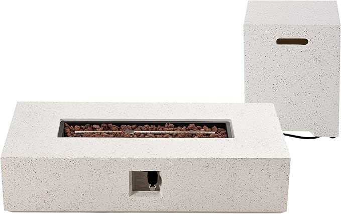 COSIEST 2-Piece Outdoor Propane Fire Table Set, Rectangle Concrete 56" Rectangular Fire Pit, Certified, 50,000 BTU, w 20lb Tank Table,Waterproof Cover for Garden, Porch, Backyard
