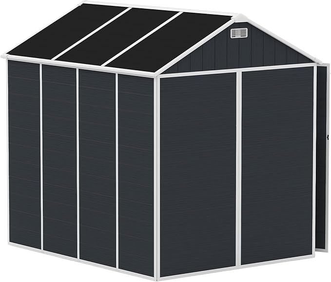 Resin Storage Shed 7.5x7ft, Outdoor Storage Sheds with Floor, Two-Window, Lockable Doors and Vents, 12mm Thick pp Board, Large Tool Shed for Bike, Garden, Backyard, Lawn (Dark Gray, 7.5 * 7ft)