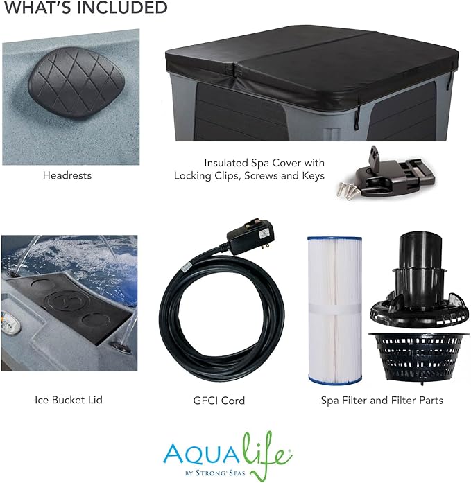 AquaLife Palm Beach™ 5-6 Person 30-Jet Lounger Hot Tub with LED Lighting, Insulated Cover, Built-in Ice Bucket, Stainless Steel Heater and Ozonator