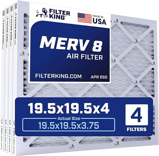 Filter King 19.5x19.5x4 Air Filter | 4-PACK | MERV 8 HVAC Pleated A/C Furnace Filters | MADE IN USA | Actual Size: 19.5 x 19.5 x 3.75"