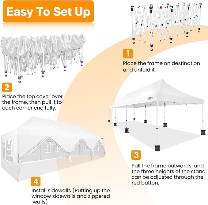 COBIZI 10x30 Pop up Canopy with Wheeled Bag & 8 Removable Sidewalls, Outdoor Canopy Waterproof Commercial Tents for Parties Wedding, with Upgrade Raised Top Cover Roller Bag, with 4 Sandbags(White)
