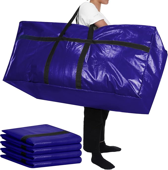 Windyun 4 Pack 57 Gallon Extra Large Storage Bags XXL Moving Bags with Zipper Handles Heavy Duty Jumbo Big Tote Box for Christmas Tree Storage 4, 5, 7.5, 9, 10, 12 ft Skeleton College Dorm(Navy Blue)