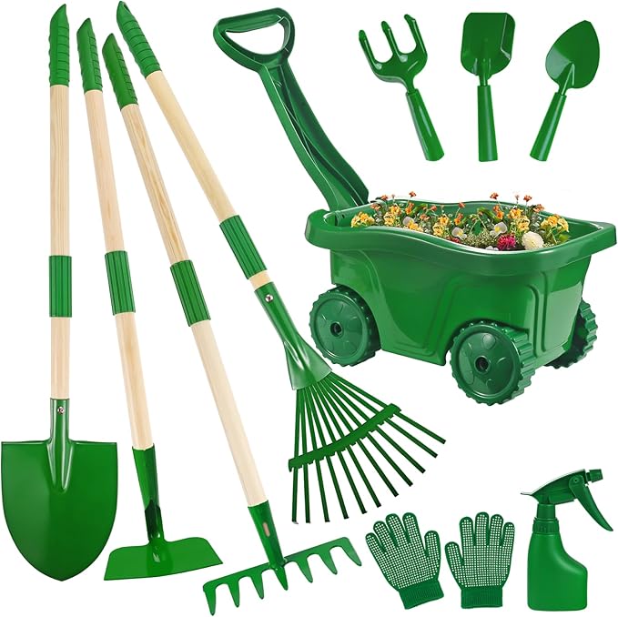 Duckura Kids Gardening Tools Set - 10pcs Wheelbarrow Set for Kids with Shovel, Rake, Leaf Rake, Summer Outdoor Yard Digging Weed Toys, Valentine's Birthday Gifts for Boys Girls Age 2 3+ Years(Green)