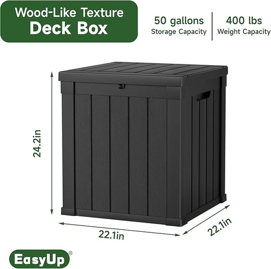 EasyUp 50 Gallon Outdoor Storage Box, Resin Waterproof UV-Resistant Deck Box, Reinforced Stability for Patio, Garden, and Poolside, Striped Black