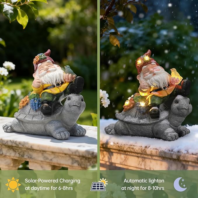 Ayadon Solar Gnome Statue Outdoor Decor, Gnome on Turtle Figurines with LED Light for for Fairy Garden Yard Balcony Lawn Christmas Housewarming Whimsical Gifts for Women Mom Grandma