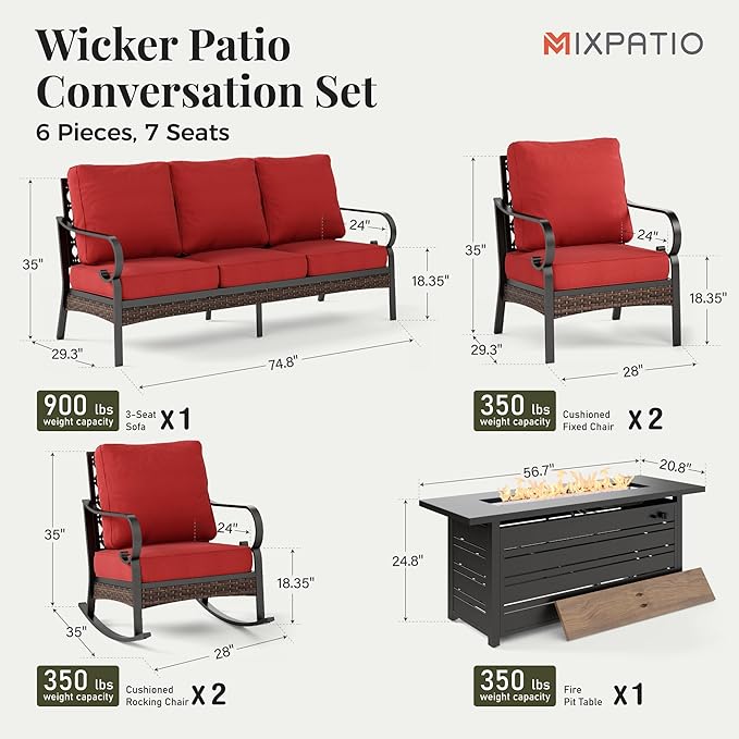 Patio Furniture Set with Firepit Table, Black Frame Outdoor Conversation Set with 2 x Fixed Chairs, 2 x Rocking Chairs, 1 x 3-Seat Sofa for Lawn Garden Backyard, Red
