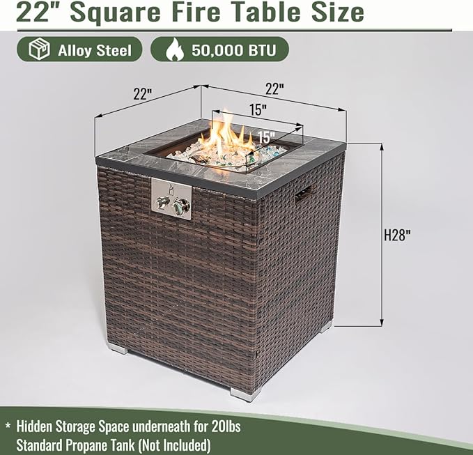 Propane Fire Pit Table, 24" Firepits for Outside, Gas Fire Pit for Outside Patio, Propane Fire Table w/Steel Lid, Rain Cover for Patio, 50000BTU, Tank Outside, Tank Not Included, Espresso