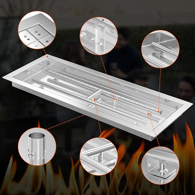 Onlyfire 30 x 10 Inch Drop-in Fire Pit Pan Kit, Rectangular Stainless Steel Propane Gas Firepit Pan with H Burner, Spark Ignition and Propane Hose Kit for Indoor or Outdoor DIY Fire Pit Fireplace