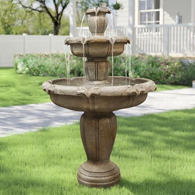 ourrco 48” H Outdoor Floor Water Fountain, 3-Tiers Concrete Water Fountain with Submersible Electric Pump - Garden Cascading Waterfall for Yard Patio Lawn Home Decor